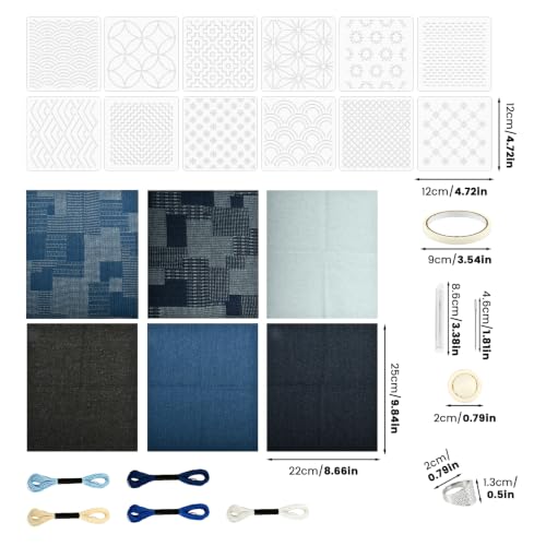 Qevylentte 45 Pcs Sashiko Stencil Kit for Embroidery, Japanese Embroidery Kit Include Geometric Template Thread Needles Thimble Fabric, Hand Quilting Sewing Supplies for Beginners