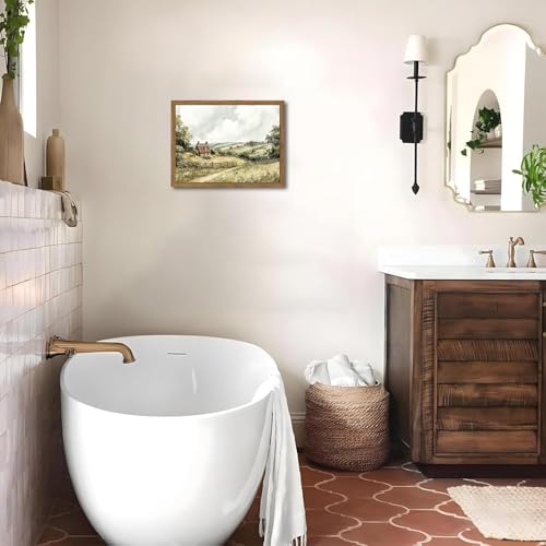 Framed Vintage Canvas Wall Art, Cottage Landscape Wall Decor Paintings, Rustic Farmhouse Pictures Prints Aesthetic Home Decor for Living Room Bedroom Bathroom 12x16 inch - color: Country Path, size: 16"L x 12"W