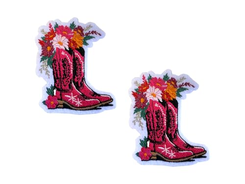 Cowgirl Boots with Flowers Patch, 2.5" x 3", 2-Pack, Embroidered Iron-On for Hats, Bags, Jackets - color: Cowgirl Boots with Flowers