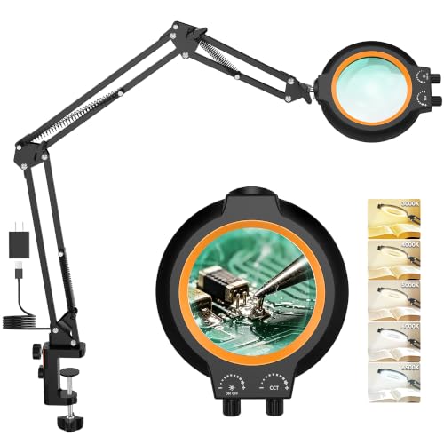 12X Magnifying Glass with Light and Stand Hands Free, Long Swing Arm Lighted Magnifier Lamp for Close Work, Dimmable Desk Magnifying Light with Clamp for Soldering Craft Jewelry Bench Sewing