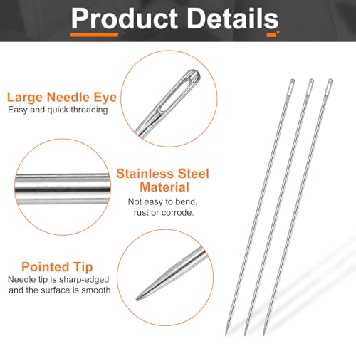 HARFINGTON 4pcs Upholstery Needles 3mm Diameter 200mm (7.87") Extra Long Large Eye Stitching Sewing Straight Hand Needles Stainless Steel for Leather Tapestry Embroidery Tufting Webbing - size: 200mm