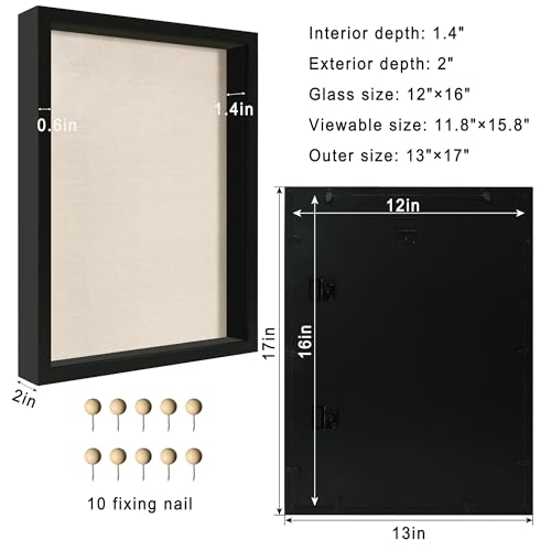 12x16 Large Shadow Box Picture Frame Display Case with Soft Linen Back, Black Wooden Memory Shadow Box Frame with Tempered Glass Cover for Wall Display - color: Black, size: 12x16