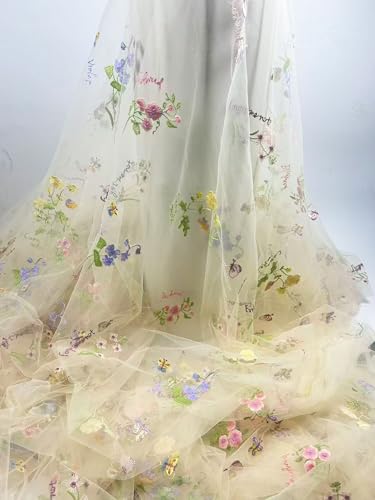 Elegant White Lace Fabric Tulle Fabric by Yard Colorful Floral Embroidery, 35x51in - Soft Tulle for DIY Dresses & Wedding Gowns, Hand Wash Only (Apricot, 3 Yard（105 x51in）) - color: Apricot, size: 3 yard（105 x51in）