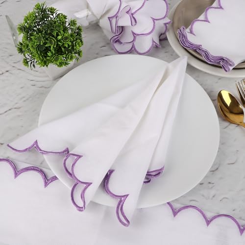 NATURALCRAFT Scalloped Cloth Napkins 18x18 in - White Edges Purple - color: Sl-white Napkin - Lavender Edges, size: 18" x 18" (Set of 6)