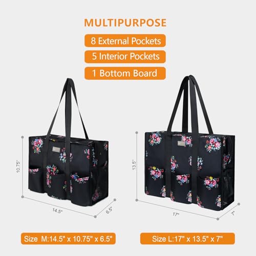 TOPDesign Utility Water Resistant Tote Bag with 13 Pockets, Zipper Closure - color: Blooming Flower, size: Large