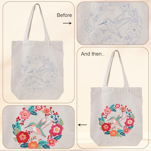 Louise Maelys Hummingbird Embroidery Kit Canvas Tote Bag for Beginners - color: Humming Bird