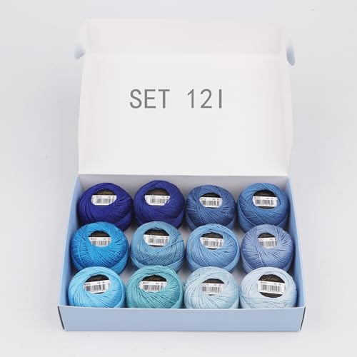 Size 8 Double Mercerized Egyptian Long Staple Cotton Pearl Thread 12 Gradient Colors per Box 5 Grams Ball Rainbow Color Embroidery Thread for Crochet Cross Stitch Hand Embroidery (12I) - color: 12I