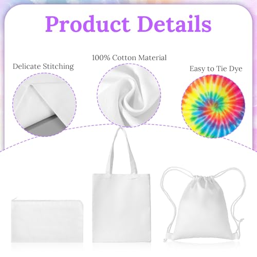 12 Pack White Cotton Bags for Tie Dye, 3-Style DIY Craft Kit with Drawstring Backpacks, Tote & Makeup Pouches