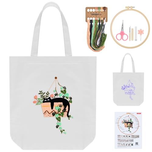 ERKOON Embroidery Canvas Tote Bag for Beginners, Needlepoint Arts Crafts Cross Stitch Kits for Adults Including Stamped Embroidery Bag with Hoops, Needle, Instruction and Color Threads (Cat) - color: Cat