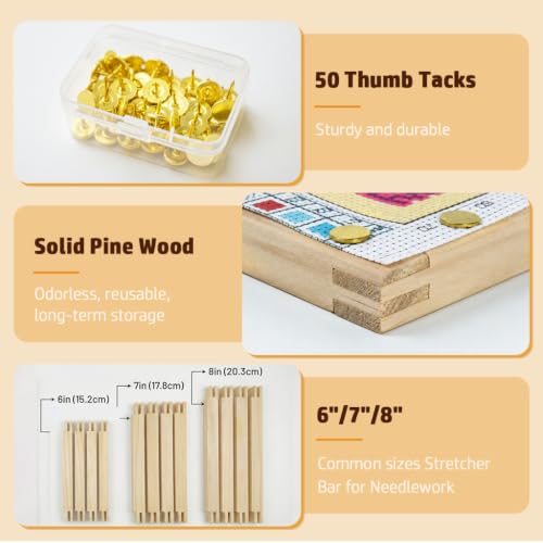 12PCS Needlepoint Stretcher Bars for Needlework 6"/7"/8" with 50 Thumb Tacks ,Wooden Canvas Stretcher Bars for Embroidery Stitch Frame Set Bundle（6"/7"/8"） - size: 6"/7"/8"