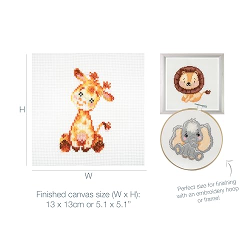 Trimits 3PK Cross Stitch Bundle – Counted Embroidery Kit, Beginner & All Level Starter Set, Complete with Instructions & Thread Children Wall Home DIY Décor – 13x13cm – Giraffe, Elephant, Lion - style: Giraffe, Elephant, Lion
