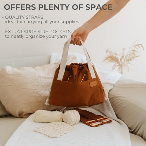 Stylish Crochet Bag Organizer for Yarn - Durable Canvas with 8 Pockets - color: Brown