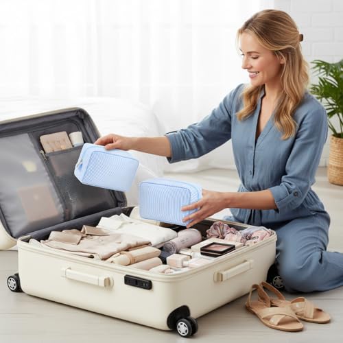 Sanwuta 10 Pcs Seersucker Cosmetic Bag Seersucker Makeup Bag Women Stripe Large Travel Toiletry Organizer Preppy Storage Pouch for Embroidery Wedding Bridesmaid Bride Mom (Light Blue) - color: Light Blue