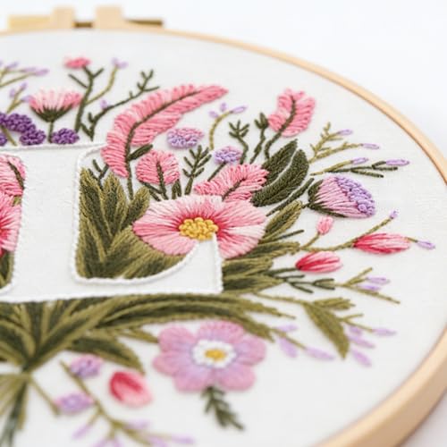 Zerzsy 7.87 '' Embroidery Kits Plant Flower Leaf English Letter Patterns for Beginners Adults, Easy to Learn Cross Stitch Kit for Home Office Decor - color: Letter L