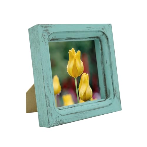 CVHOMEDECO. 4x4 Picture Frame Made of Solid Wood High Definition Glass Rustic Vintage Designs Small Photo Frame for Tabletop Display and Wall Mounting, Distress Blue - color: Distress Blue A, size: 4" X 4"
