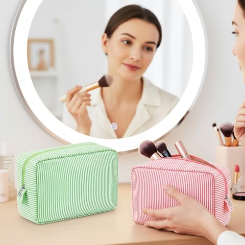 Sanwuta 3 Pcs Seersucker Makeup Bags, Pink, Blue, Green - color: Pink, Blue, Green