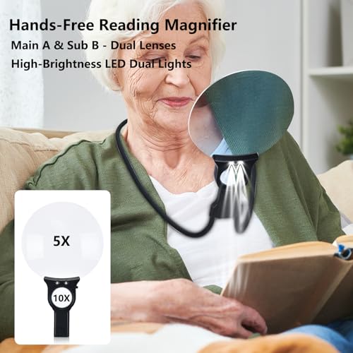 5X 10X Hands Free Magnifying Glass with Light for Close Work, Neck Wear Magnifier for Reading Book, Sewing, Knitting, Repairing, Cross Stitch, Crafts, Lighted Loupe for Seniors Low Vision