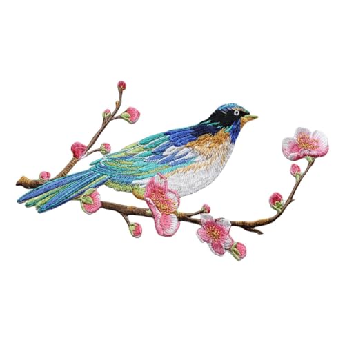 Iron/Sew on Applique Repair Patches, Multicolor Bird on Plum Branch Patch - color: Multicolor Bird on Plum Branch