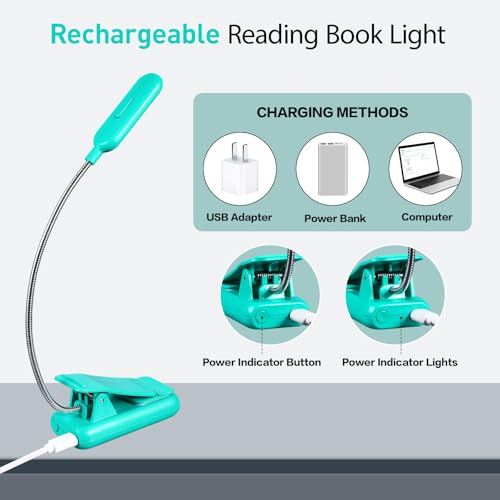 VAVOFO Rechargeable Book Light, Blue Light Blocking, Amber 1600K Clip On Reading Light, Eye Care 7 LEDs Kids Book Light for Reading in Bed with Power Indicator for Bookworms (Emerald Green) - size: 1-Pack Emerald Green