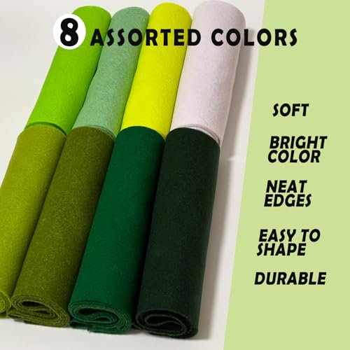 Green 8 Assorted Soft Felt Sheets Fabric, Each 8'' x 36'' 1.6mm Thick - color: Green Series