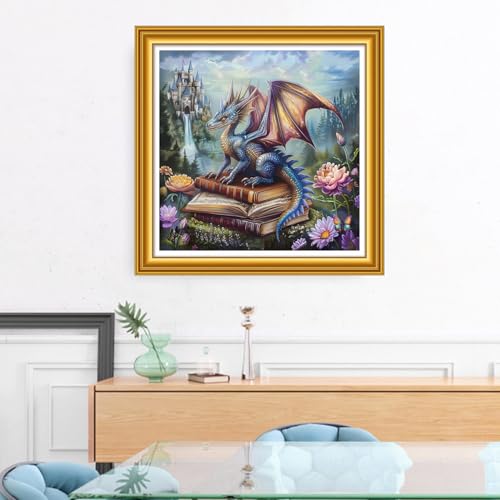 Foxhool Stamped Cross Stitch Kits,11CT Printed Cross Stitch Pattern Full Embroidery Kits for Beginner Needlepoint Kits&Pterosaur Book Castle 18x18 inch - color: ColorSet43