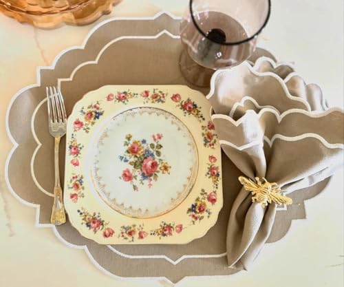 Beige Napkins, Festival Napkins, Scalloped, 100% Cotton, Embroidered, Set of 4, Table Decor Spring Summer, Winter Party Napkins, Farmhouse, Washable, Wedding Linen Napkin 18x18 - color: Beige