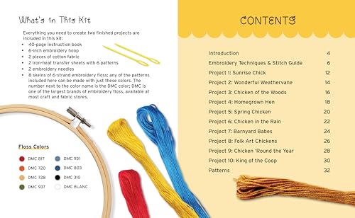 Stitchin' Chicken Embroidery Kit: Includes Cotton Fabric, 6” Embroidery Hoop, Embroidery Floss, 2 Embroidery Needles, Instruction Book, Pattern Transfer Sheets