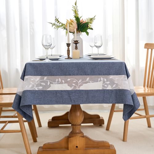 Polyester Fabric Tablecloth with Exquisite Embroidery Sheer Border-Waterproof/Wrinkle Resistant-for Dining,Indoor&Outdoor,Wedding,Holiday,Denim Blue,Rectangle 60x84Inch - color: Denim Blue, size: 84" x 60" (Rectangular)