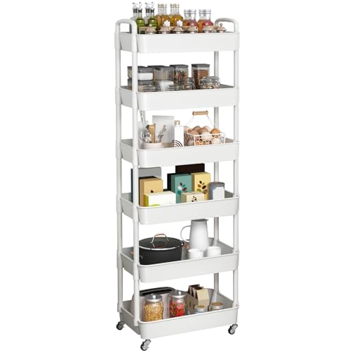 Sywhitta 6-Tier Plastic Rolling Utility Cart with Wheels for Storage,White - color: White, size: 6-tier
