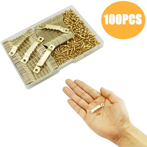 Sawtooth Picture Hangers,100 Pcs Black Steel Photo Frame Hanging Hangers 200 Screws for Wall Clock Paintings Wood Craft Decor Artwork Signs Posters Picture Frame Sketch Hanger,Cross-Stitch (Gold) - color: Gold