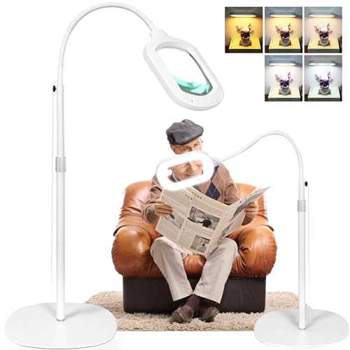 Large Magnifying Glass with Light and Stand, 15X Rectangle Optical Real Glass Lens, Height Adjustable Gooseneck Magnifier Floor Lamp, 5 Color Modes LED Dimmable Lighted Hands Free for Crafts - White - color: White