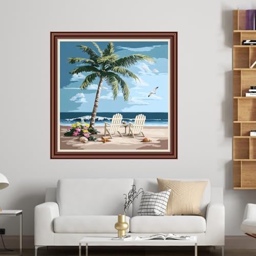 Dimensean Counted Cross Stitch Kit for Beginners, 11CT Unprinted Cross-Stitch Kit Easy Patterns Needlepoint Kit Cross Stitching Embroidery Kit Supplies-Resting Under Coconut Trees Seaside 18x18 inch - color: Patterns14