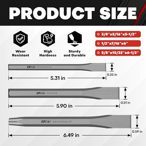 C&T 3-Piece Heavy Duty All Purpose Cold Chisels Kit, 3/8, 1/2, 5/8 in, for Carpentry, Metalwork, Woodwork & Masonry work - size: 3-Piece