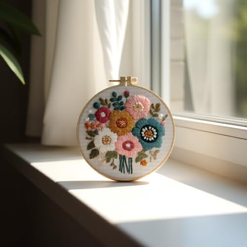 Embroidery Kit for Beginners & Adults Starter Kit, Cross Stitch Kits,DIY Hand Embroidery Needlepoint Set with Hoop, Pre-Printed Fabric, Threads and Instructions (Flower-2) - color: Flower-2