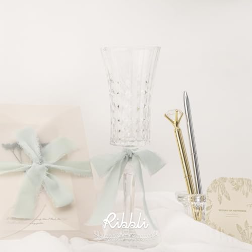 Ribbli Creamy Sage Ribbon 1 Inch x 3 Rolls Total 24 Yards Light Green Handmade Fringe Chiffon Silk Ribbon for Wrapping Wedding Invitations Bridal Bouquets DIY Crafts Home Decor - color: Creamy Sage