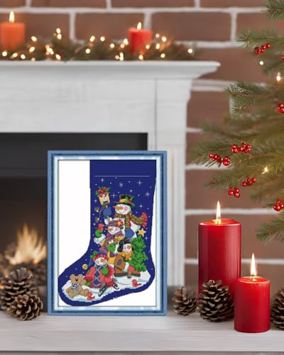 CaptainCrafts Cross Stitch Kits, Stamped Cross Stitch Printed Fabric Cross Stitching DIY Art DMC Needlecrafts Embroidery Kit for Adults Beginner (Stamped 11CT, Christmas Stocking Snowman Blue) - color: Christmas Stocking Snowman Blue, style: Stamped 11CT