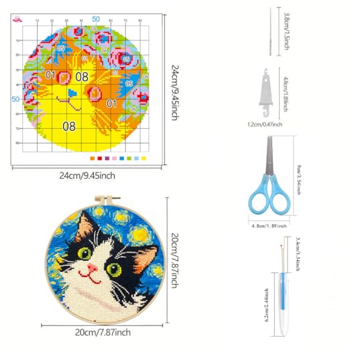 LSLFQYQSK Beginners Embroidery Kits - The Little Cat at Night DIY Cross Stitch Kits,Including,Stamped Flower Patterns,Hoop,Color Threads,Tools (Style C) - style: Style C