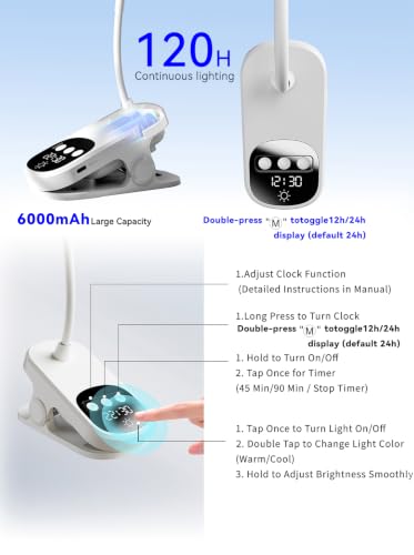 Clip On Desk Lamp Wireless 6000mAh Rechargeable LED Reading Light 3 Colors
