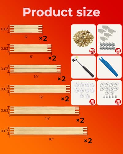 12Pcs Needlepoint Stretcher Bar Set, 6 Sizes Wooden Canvas Stretcher Bars and Needlepoint Frame Kit with Tacks, Adjustable Stretcher Bars Set for Embroidery and Crafts