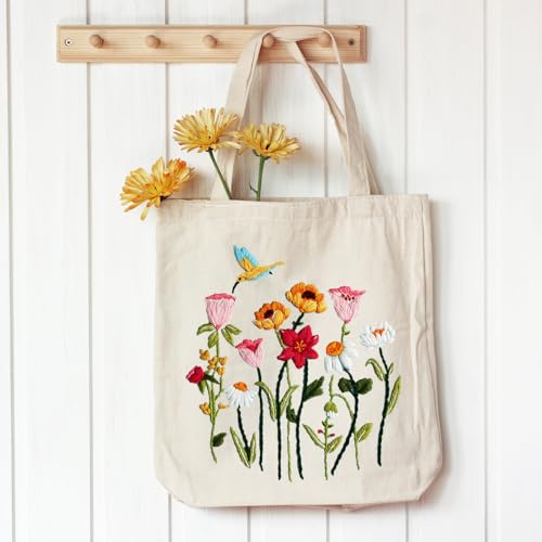 Louise Maelys Canvas Tote Bag Embroidery Kit, Hummingbird Floral Pattern - color: florals