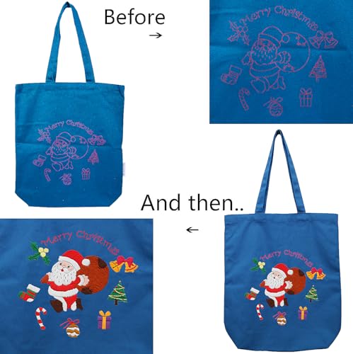 CREAWONDER Canvas Tote Bag Embroidery Kit with Pattern for Beginners, Arts and DIY Embroidery Crafts Kits for Adults, Include Instructions, Thimble, Embroidery Hoops, Color Threads and Tool - color: CR002 SantaClaus darkblue