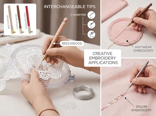 Stainless Steel Tambour Hooks 3Pcs - Wood Handle Embroidery Crochet Hooks Punch Needle with 9 Needles French Tambour Beading Sequins Sewing Craft Tool