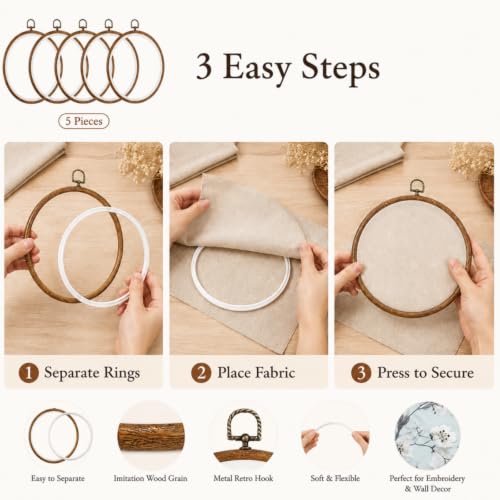 Embroidery Hoops 8 Inch Cross Stitch Hoop Faux Wood Round Frame 5 Pack