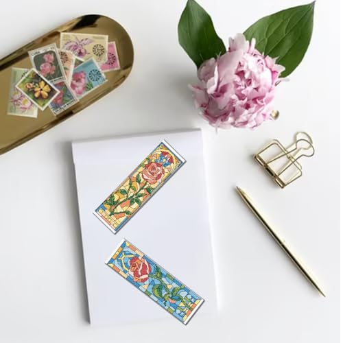 FREEBLOSS 6 Set Cross Stitch Bookmark Kits 8"x2.4" Colored Glass Flowers - style: Glass flower