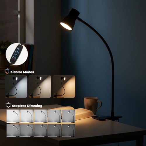 Eye-Caring Clip On Desk Lamp, 3 Color Modes & 10 Brightness LED Reading Light with Clamp, 360° Rotatable Gooseneck Reading Light, Portable Clamp Lamp for Bedroom, Office and Study (Black-Small)