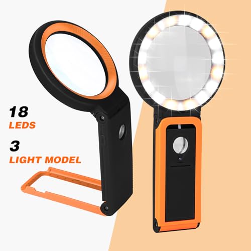 KIBTOY Magnifying Glass with Light and Stand, Foldable Handheld Magnifying Lenses 18 LED Illuminated Lighted Magnifier for Seniors Reading, Close Work, Coins, Jewelry Black - color: Black