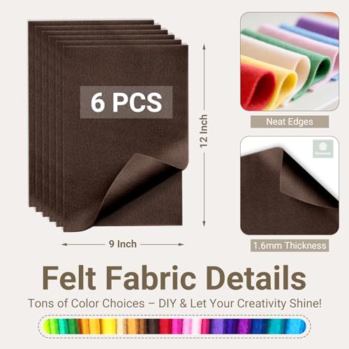 Brown Soft Felt Sheets for Crafts, 9" x 12", 1.6mm Thick, 6 Pcs - color: Brown