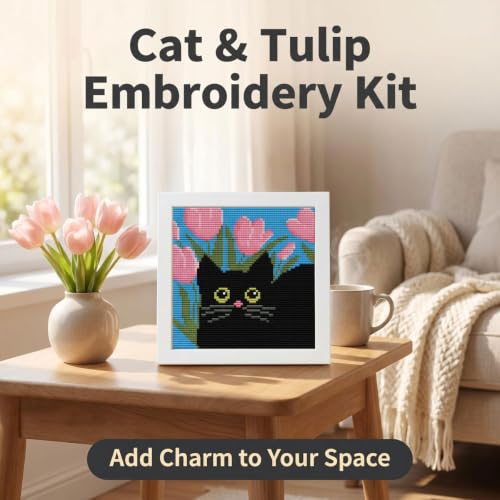 Black Cat Stamped Cross Stitch Kits for Beginners Adults with Framed - color: DKJ016