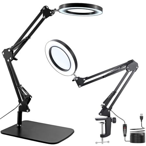 15X Magnifying Glass with Light, Table Lamp with Stand and Clamp, 2-in-1 LED Desk Lamp with Magnifier, 3 Color Modes, 72 LEDs, Real Glass Lens for Close Works, Craft, Hobby, Painting, Reading, Repair