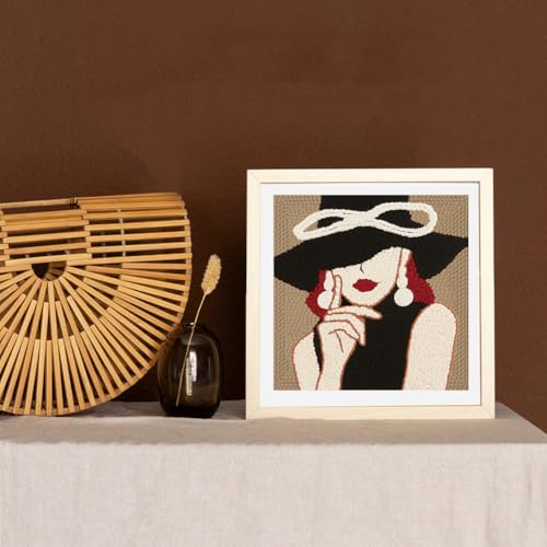 Doodlream Elegant Lady DIY Punch Needle Embroidery Kit for Adult Beginner, 9.4" Woman Wearing Hat Punch Stitching Craft Set for Starter with Frame, Fabric Pattern, Threader, Yarn, Pinch Needle - color: Elegant Lady